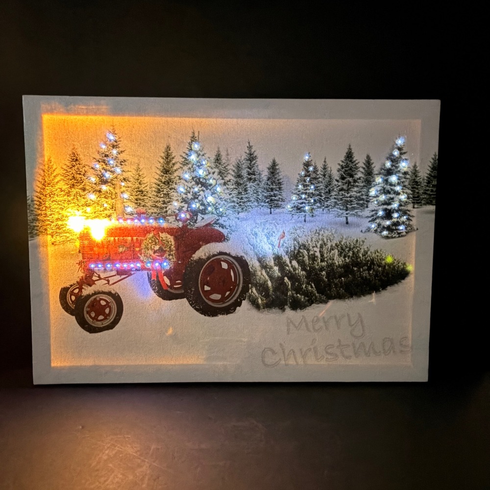 20x14 Lighted Christmas Canvas Wall Art Red Tractor Snowy Forest LED Timer Decor